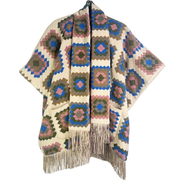 Hutch Rai Reversible Crochet Poncho Boho Granny Square Fringe Oversized M/L - Picture 10 of 14